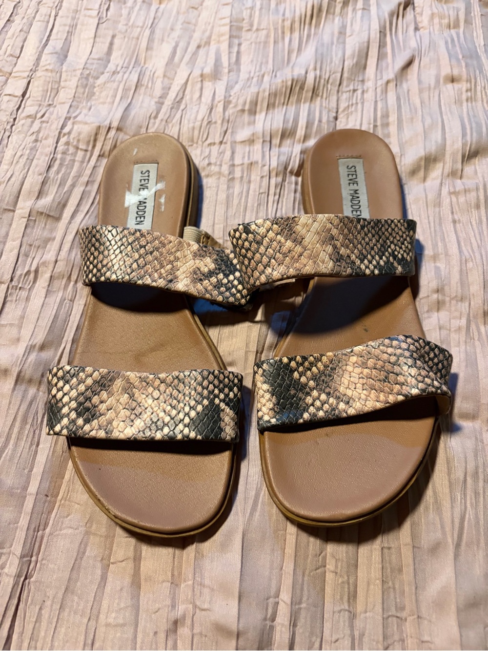 Steve Madden Snake-Print Dual Strap Slide Sandals in Tan and Black